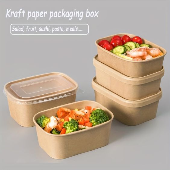 Kraft Brown Takeaway Paper Bowls with Lids | Reusable Stackable Food Storage Soup Salad Containers Deli Tubs Lid Heavy Duty | Recyclable Meal Box