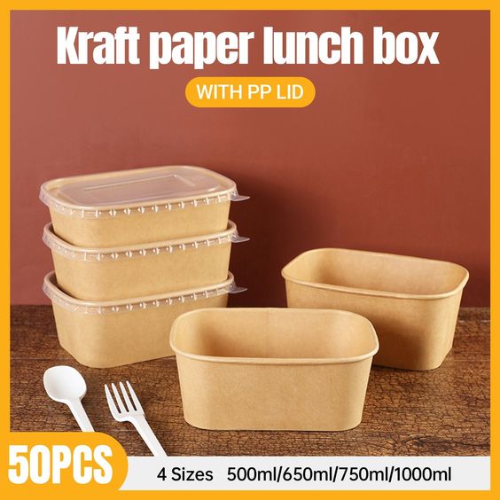 Kraft Brown Takeaway Paper Bowls with Lids | Reusable Stackable Food Storage Soup Salad Containers Deli Tubs Lid Heavy Duty | Recyclable Meal Box