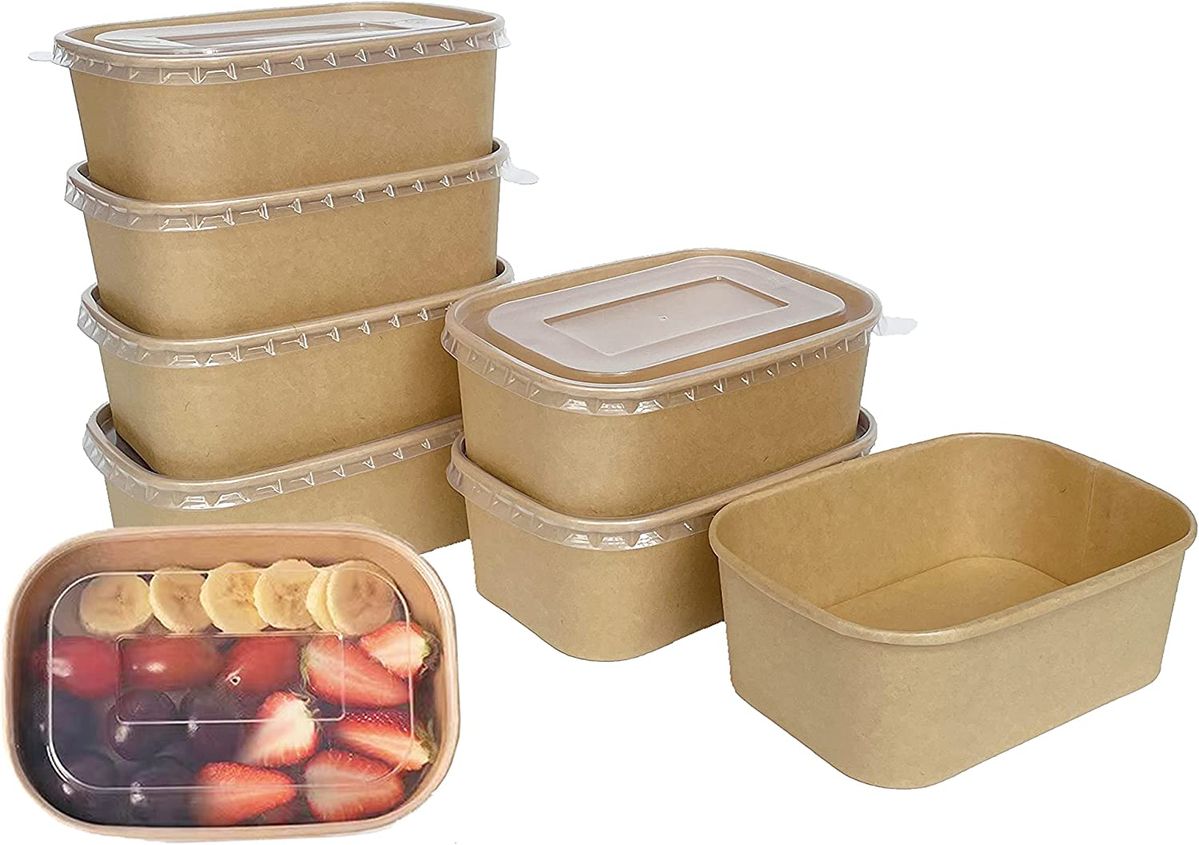 Kraft Brown Takeaway Paper Bowls with Lids | Reusable Stackable Food Storage Soup Salad Containers Deli Tubs Lid Heavy Duty | Recyclable Meal Box