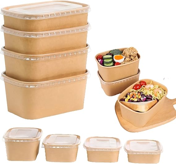 Kraft Brown Takeaway Paper Bowls with Lids | Reusable Stackable Food Storage Soup Salad Containers Deli Tubs Lid Heavy Duty | Recyclable Meal Box