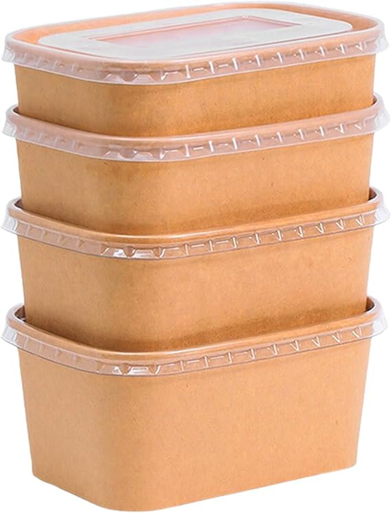 Kraft Brown Takeaway Paper Bowls with Lids | Reusable Stackable Food Storage Soup Salad Containers Deli Tubs Lid Heavy Duty | Recyclable Meal Box