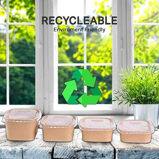 Kraft Brown Takeaway Paper Bowls with Lids | Reusable Stackable Food Storage Soup Salad Containers Deli Tubs Lid Heavy Duty | Recyclable Meal Box