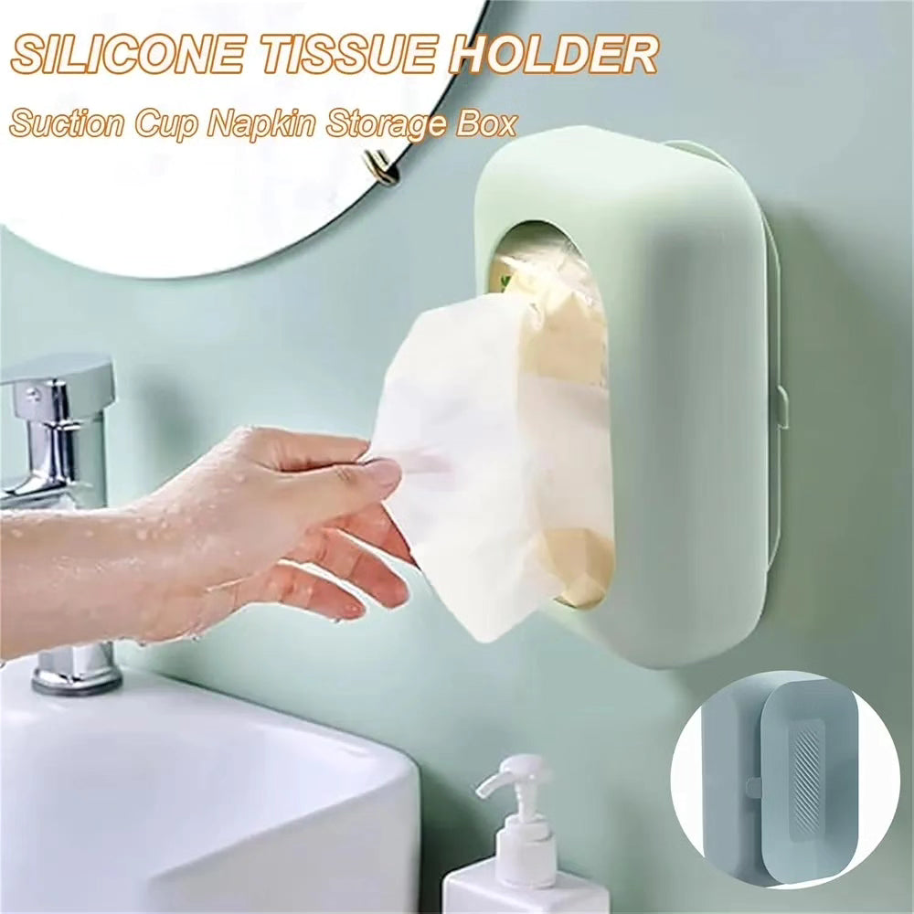 Silicone Tissue Holder, Suction Cup, Silicone Suction Cup Rectangle Tissue Box, Reusable Portable Tissue Dispenser for Home, Bathroom, Office, Car