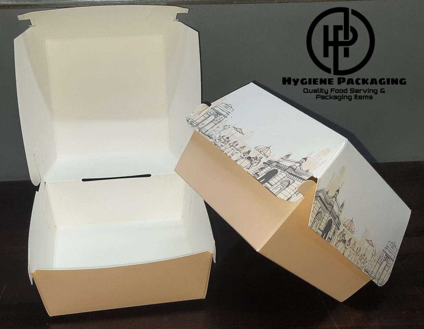 Biodegradable Paper Burger Boxes, Eco-Friendly Disposable Kraft Cardboard Take Out Containers, Leak and Grease Resistant Fast Food Boxes for Burgers [110 x 110 x 55 MM]