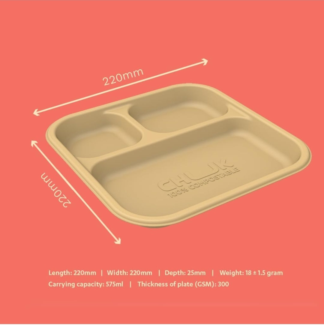 3 Compartment Plates, Bio-Degradable Sugarcane Bagasse Plates