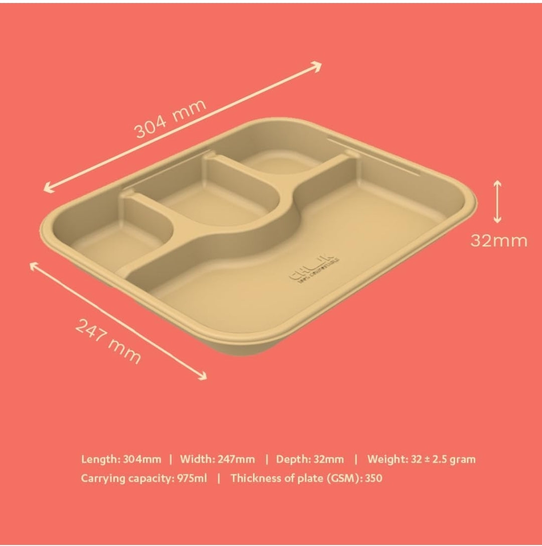 4 Compartment Plates, Bio-Degradable Sugarcane Bagasse Plates