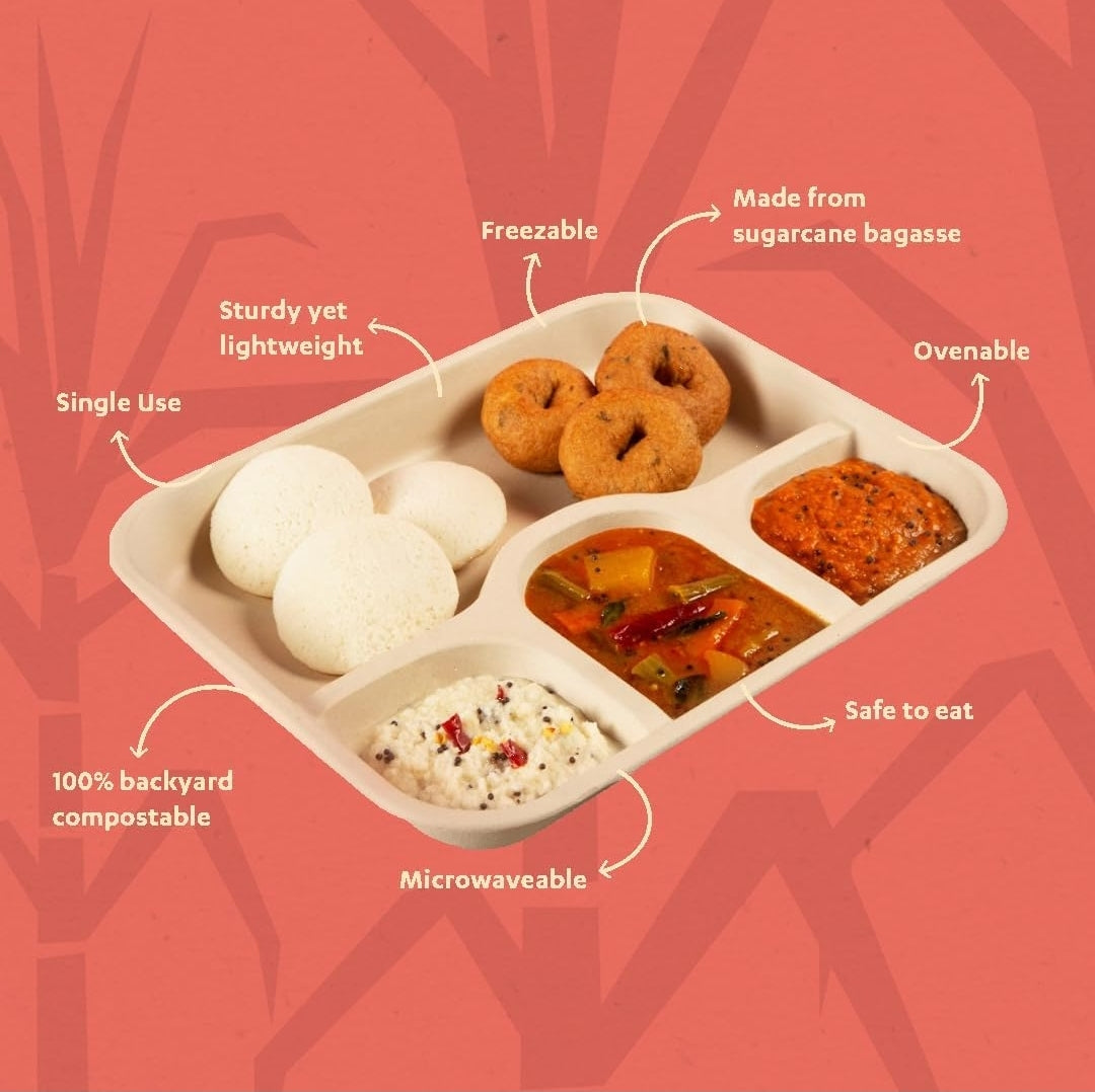 4 Compartment Plates, Bio-Degradable Sugarcane Bagasse Plates