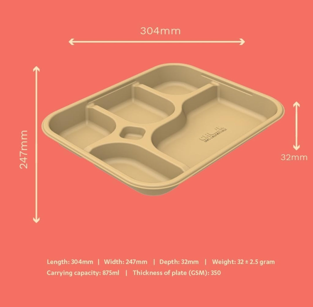 Eco-Friendly Bagasse 5 Compartment Meal Tray, Brown, Leak-Resistant, Compostable, Chlorine-Free, Modern Style