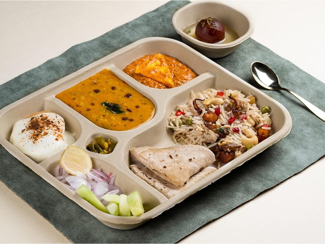 Eco-Friendly Bagasse 5 Compartment Meal Tray, Brown, Leak-Resistant, Compostable, Chlorine-Free, Modern Style