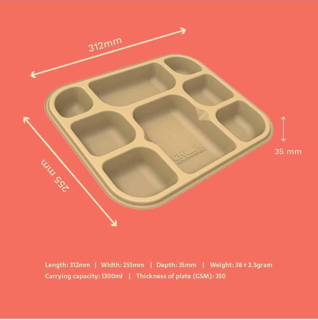 Bagasse 8 Compartment Meal Plate, Brown, Leak-Resistant, Compostable, Chlorine-Free, 312mm x 255mm x 35mm, 1300ml Capacity