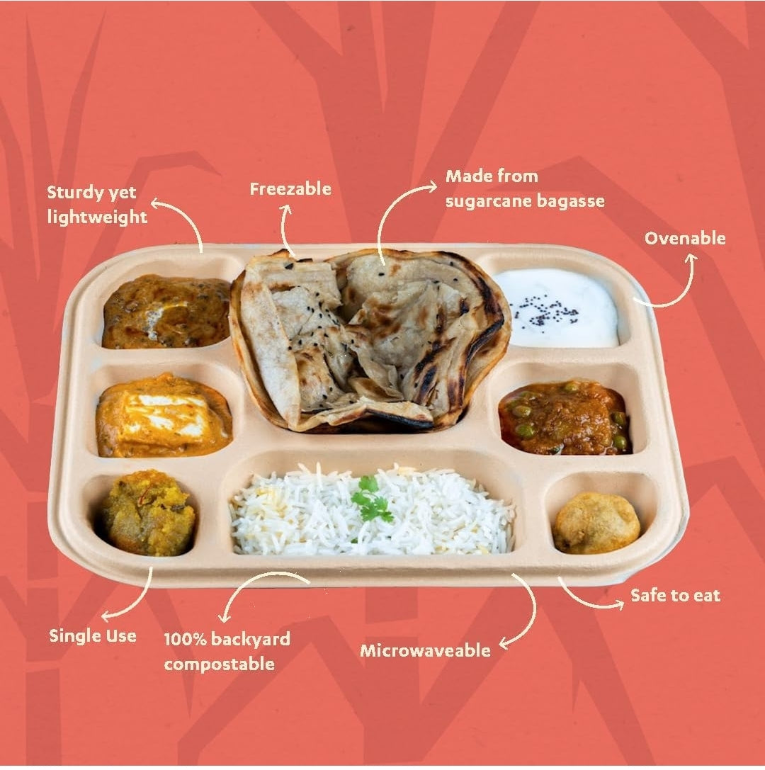 Bagasse 8 Compartment Meal Plate, Brown, Leak-Resistant, Compostable, Chlorine-Free, 312mm x 255mm x 35mm, 1300ml Capacity