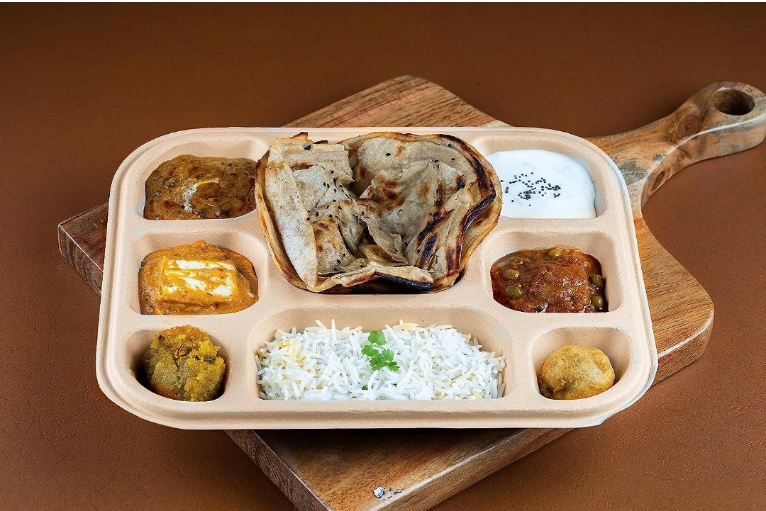 Bagasse 8 Compartment Meal Plate, Brown, Leak-Resistant, Compostable, Chlorine-Free, 312mm x 255mm x 35mm, 1300ml Capacity