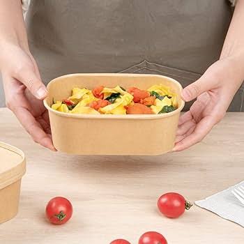 Kraft Brown Takeaway Paper Bowls with Lids | Reusable Stackable Food Storage Soup Salad Containers Deli Tubs Lid Heavy Duty | Recyclable Meal Box