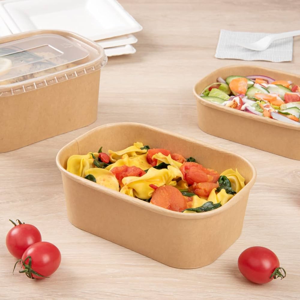 Kraft Brown Takeaway Paper Bowls with Lids | Reusable Stackable Food Storage Soup Salad Containers Deli Tubs Lid Heavy Duty | Recyclable Meal Box